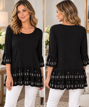 Fontana Womens L Black Ruffle Hem Tunic Top Bell Sleeve Silver Grommet 28"